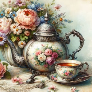 Könnte beinhalten: Eine silberne Teekanne mit Blumendesigns und einer passenden Teetasse und Untertasse. Die Teekanne hat einen Deckel mit einem Knauf und einem Henkel. Die Teetasse ist mit Tee gefüllt und hat ein Blumendesign. Die Untertasse hat ein Blumendesign. Die Teekanne und die Teetasse stehen auf einer weißen Spitzentischdecke.