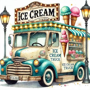 Camion dei gelati 10 JPG ad alta risoluzione in acquerello Giornalismo spazzatura, Scrapbooking, Creazione di biglietti, Download digitale, Fantasy, Stravagante