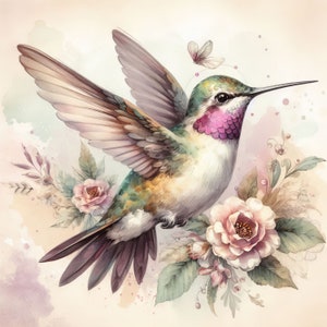 May include: A watercolor painting of a hummingbird with pink and green feathers, perched on a branch with pink flowers. The hummingbird has a long, thin beak and is in flight.