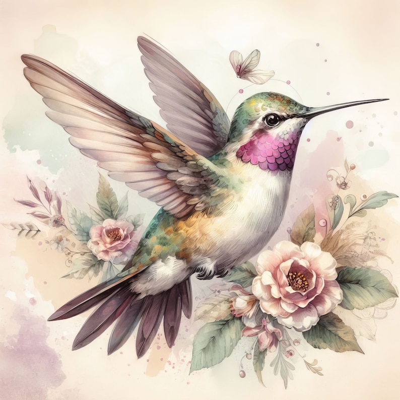 May include: A watercolor painting of a hummingbird with pink and green feathers, perched on a branch with pink flowers. The hummingbird has a long, thin beak and is in flight.