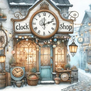 May include: A whimsical clock shop storefront with a large clock face, a sign that reads "clock shop", and a window display of various clocks and other items. The shop is decorated with lights and snow.