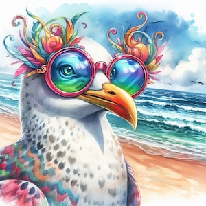 Clip Art di gabbiano eccentrico con occhiali da sole 10 JPG ad acquerello ad alta risoluzione Junk Journaling, Scrapbooking, Creazione di biglietti, Download digitale, Stravagante