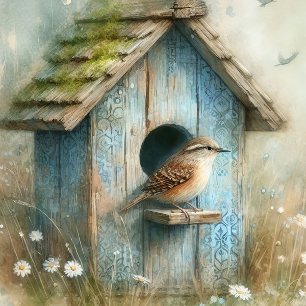 Weathered Blue Birdhouse Clip Art Downloadable Kit  10 High Res Watercolor JPGs for Junk Journaling, Scrapbook, Crafts, Digital Download