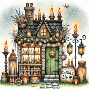 May include: A whimsical candle shop storefront with a green door, stone facade, and a sign that reads "Candle Shop". The shop is decorated with fairy lights, candles, and jars of various sizes.