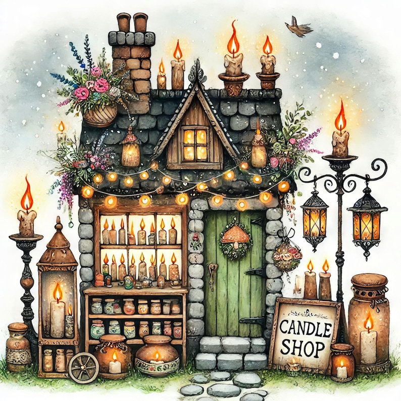 May include: A whimsical candle shop storefront with a green door, stone facade, and a sign that reads "Candle Shop". The shop is decorated with fairy lights, candles, and jars of various sizes.