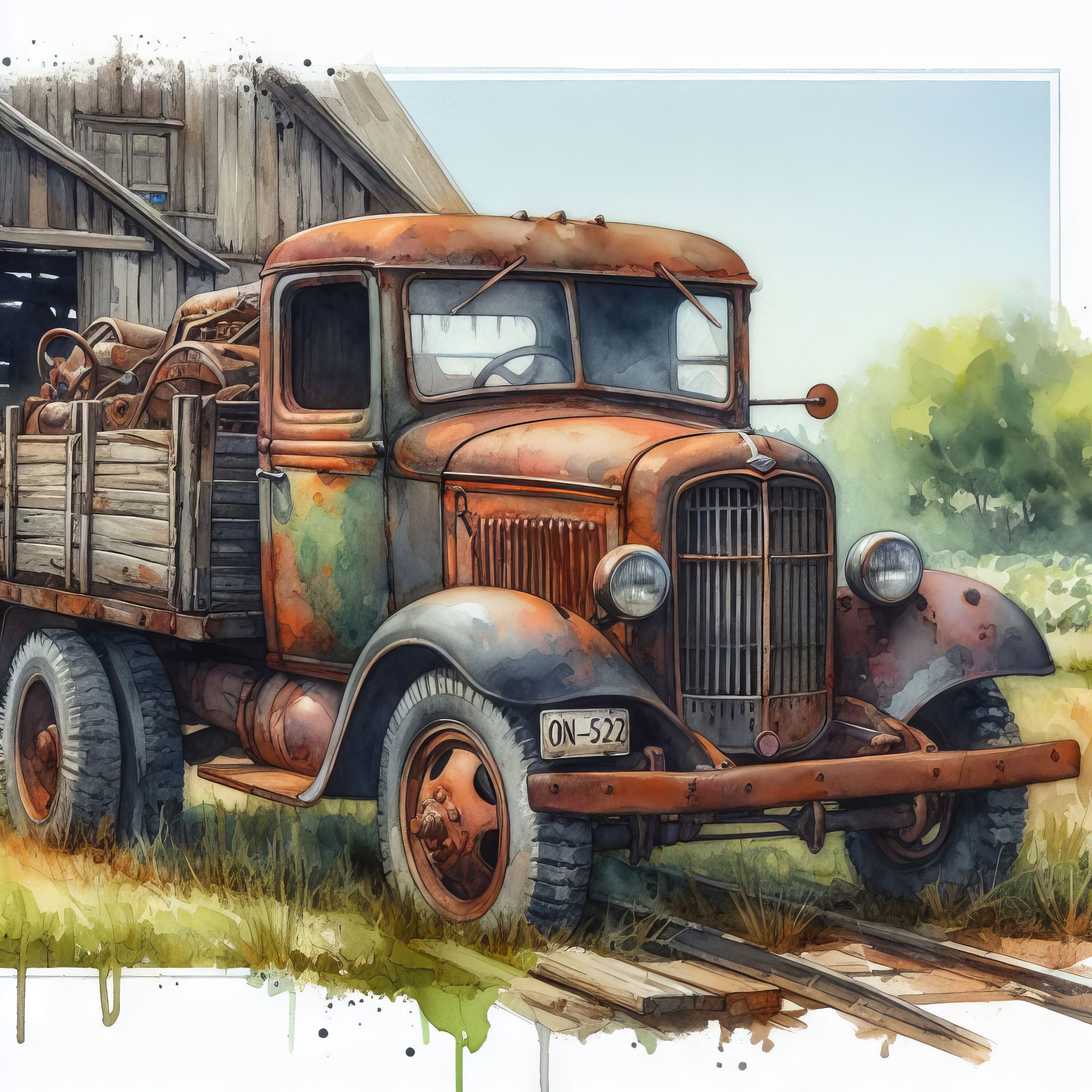 Old farm truck clip art 10 high res watercolor jpgs for junk journaling