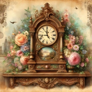 May include: A vintage, ornate, wooden clock with a Roman numeral face and a painted scene of a countryside landscape. The clock is surrounded by a bouquet of pink, white, and purple flowers.