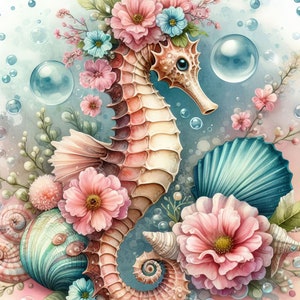 Paquete de imágenes prediseñadas de caballitos de mar Shabby Chic: 10 archivos JPG de acuarela de alta resolución para diarios basura, álbumes de recortes, manualidades, descargas digitales, fantasía y caprichos