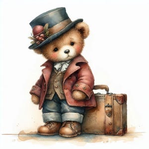 Osito de peluche viajero 10 archivos JPG de acuarela de alta resolución Diario basura, creación de tarjetas, descarga digital, caprichoso, fantasía, arte digital