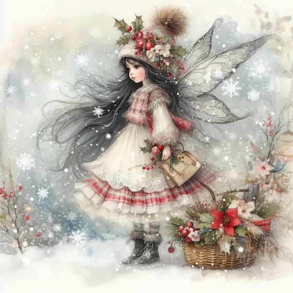雪の中のクリスマスの妖精：高解像度クリップアート画像10枚、水彩JPG