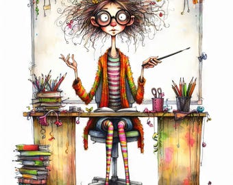 Quirky Teacher: Clip Art, 10 High Res Watercolor JPGs, Junk Journaling, Scrapbooking, Card Making, Digital Art, Fantasy, Whimsical