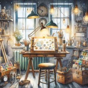 Espaço de trabalho do artista caprichoso: 10 JPGs em aquarela de alta resolução para diário, scrapbooking, criação de cartões, kit de download digital, fantasia