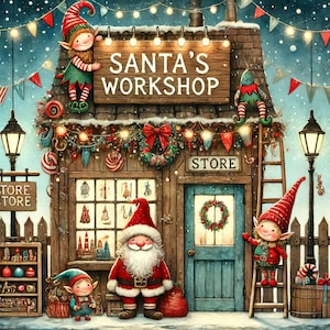 Puede incluir: Una ilustración festiva del taller de Santa Claus, un edificio de madera decorado con luces navideñas, guirnaldas y bastones de caramelo. El letrero sobre la puerta dice "Santa's Workshop". Hay duendes en escaleras, una figura de Santa Claus y un letrero de tienda que dice "Store".