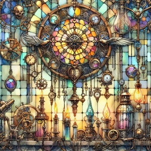 Może przedstawiać: Szczegółowa ilustracja w stylu steampunk przedstawiająca duży, ozdobny zegar z witrażową tarczą. Z góry zwisają różne zegary, koła zębate i elementy mechaniczne. Paleta kolorów obejmuje złoto, brąz i odcienie klejnotów.