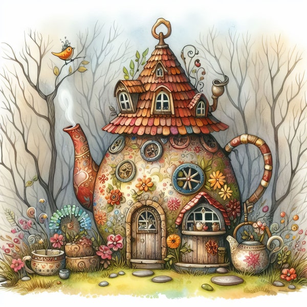 Imágenes prediseñadas de una casa de tetera caprichosa: 10 archivos JPG de acuarela de alta resolución para diarios basura, álbumes de recortes, creación de tarjetas, arte digital y fantasía.