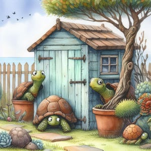 May include: A charming watercolour illustration depicts a garden scene with several turtles. The turtles are positioned around a light blue shed, some in terracotta plant pots. The scene includes a tree, a wooden fence, and various plants.