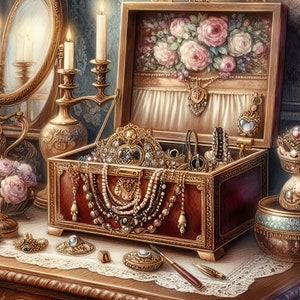 Puede incluir: Un joyero de madera vintage con adornos dorados ornamentados, lleno de una corona, collares y otras joyas. La caja está abierta y se encuentra sobre una mesa de madera con un mantel de encaje. Hay dos candelabros con velas encendidas sobre la mesa.