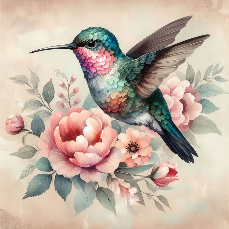 May include: A vibrant hummingbird with iridescent green and blue feathers perches on a delicate pink flower. The bird's long beak is extended, and its wings are spread out. The background is a soft, watercolor-like beige.