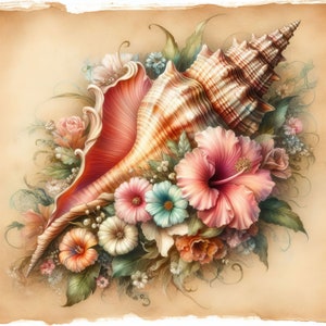 Lot de 10 images clipart coquillages haute résolution JPG aquarelles pour la journalisation indésirable, le scrapbooking, la fabrication de cartes, le kit de téléchargement numérique