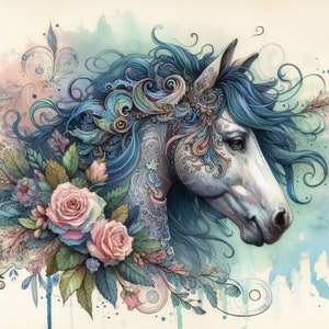 Fantasy Horses Art 10 JPGs de aquarela de alta resolução para diário de lixo, scrapbooking, criação de cartões, kit de download digital, caprichoso