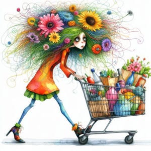 Quirky Grocery Shopping #2 10 High Res Watercolor JPGs Junk Journaling, Scrapbooking, Card Making, Digital Download Kit, Fantasy, Whimsical