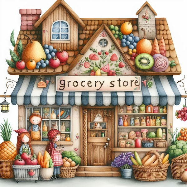 Clip art de tienda de comestibles caprichosa: 10 JPG de acuarela de alta resolución para diarios basura, álbumes de recortes, creación de tarjetas, arte digital y fantasía.