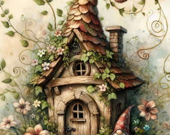 Op de afbeelding: Een sprookjesachtig, speels huis met een spiraalvormig dak bedekt met groene wijnstokken en bloemen. Een kleine kabouter zit voor het huis en draagt een rode muts en een witte baard.