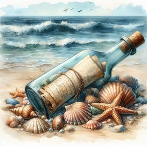 Pacchetto di clip art "Note in a Bottle" 10 JPG ad alta risoluzione in acquerello Junk Journaling, Scrapbooking, Creazione di biglietti, Download digitale, Fantasy, Stravagante