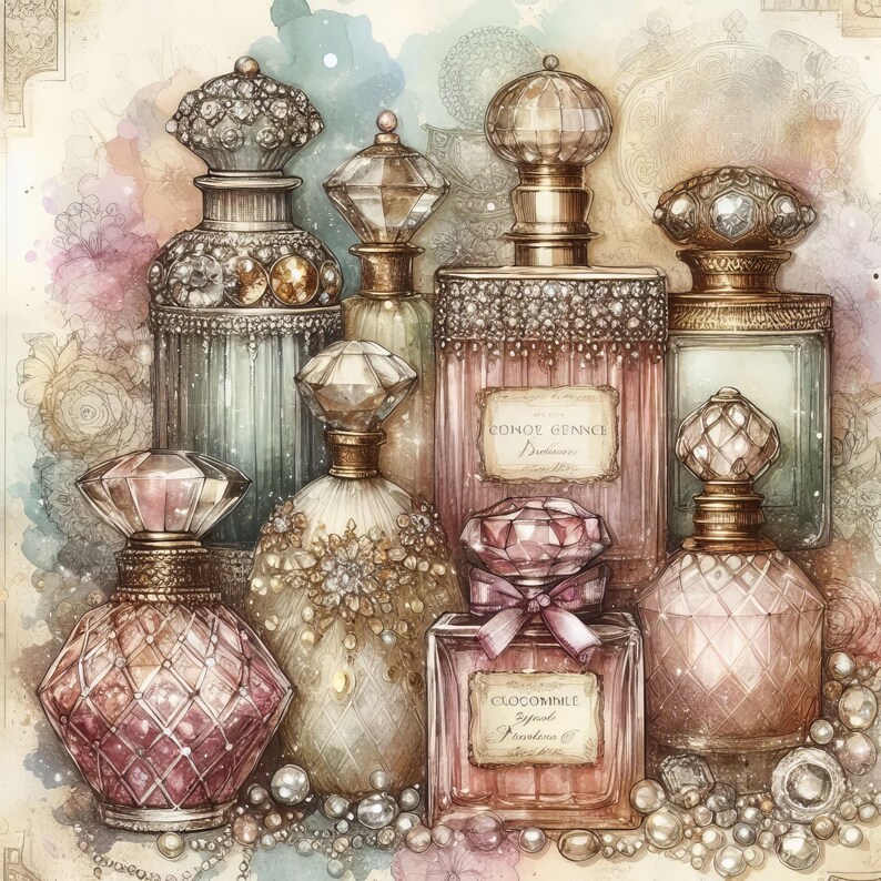May include: A collection of vintage-style perfume bottles with ornate stoppers and labels. The bottles are filled with a variety of coloured liquids and are arranged on a table with pearls scattered around them.