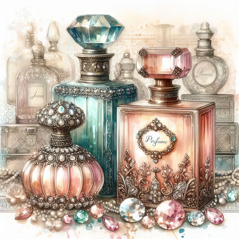 May include: A collection of vintage perfume bottles with ornate details. The bottles are decorated with jewels and have a variety of colours, including blue, pink, and gold. The bottles are arranged on a table with a white background.