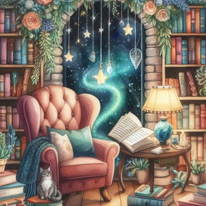 Pacchetto di clip art Magical Reading Nook 10 JPG ad alta risoluzione per acquerelli, diario spazzatura, album, artigianato, download digitale, fantasy, stravagante