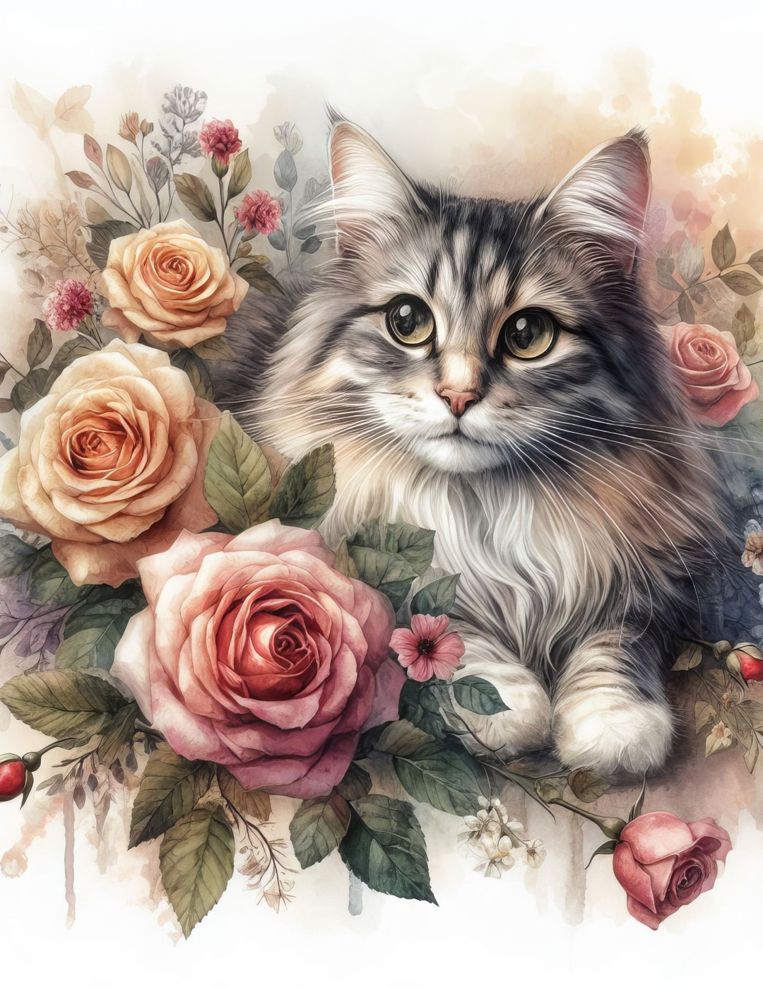 Cat With Roses: Clipart 10 High Res Watercolor Jpgs for Junk Journaling ...