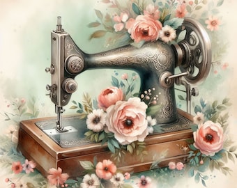 Peut inclure: Une machine à coudre vintage avec une base en bois et un motif floral. La machine est entourée de délicates fleurs roses et blanches.