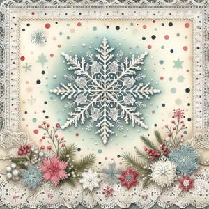 Lacy Christmas Snowflake papier 10 high-res aquarel JPGs Junk Journaling, scrapbooking, kaarten maken, digitale downloadkit, kerstmis