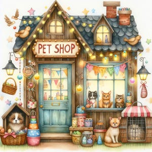 Tienda de mascotas Clip Art 10 JPG de acuarela de alta resolución Diario basura, Scrapbooking, Fabricación de tarjetas, Descarga digital de autocaravanas, Fantasía, Caprichoso