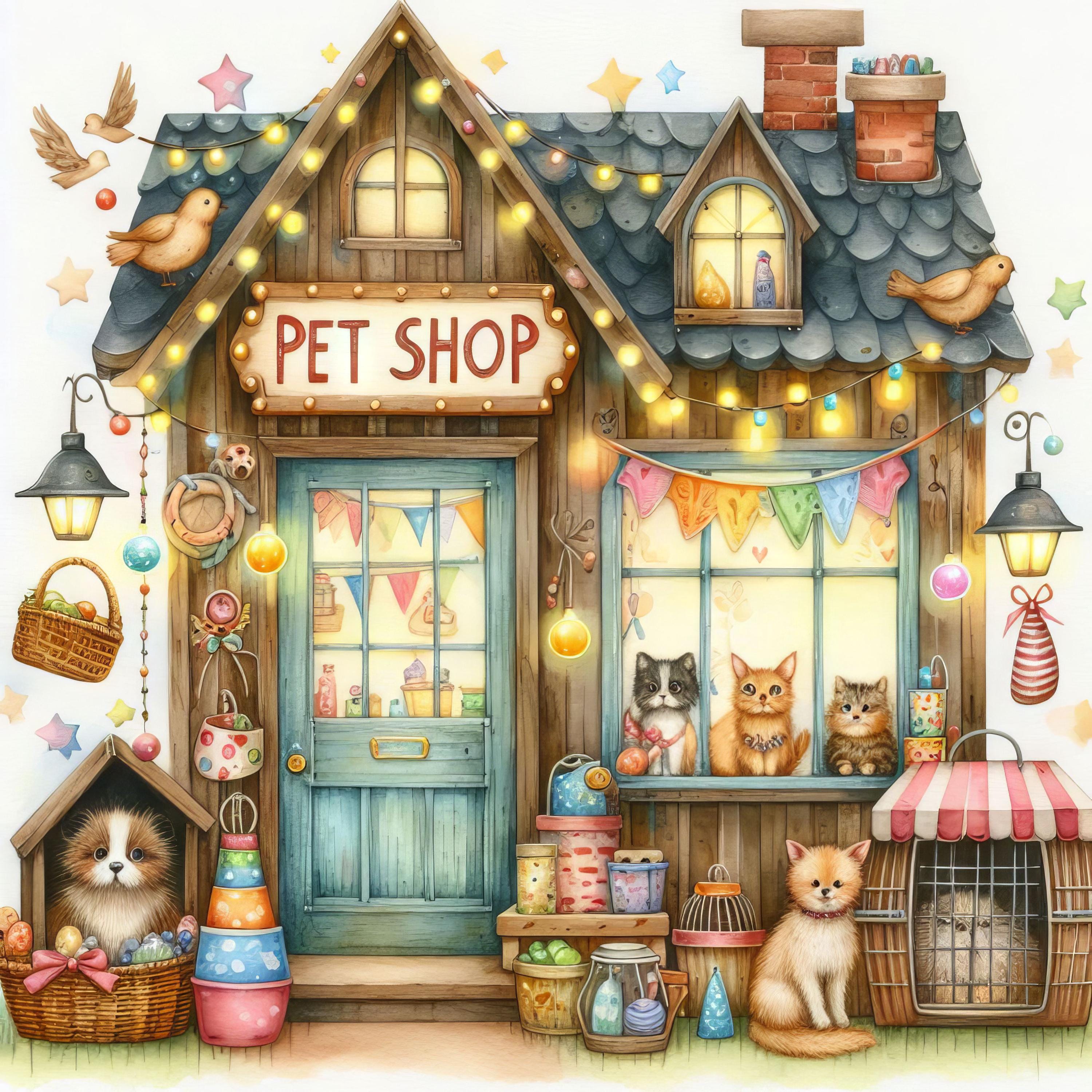Pet Shop Clip Art 10 High Res Watercolor JPGs Junk Journaling, Scrapbooking, Card Making, Digital Camper Download,Fantasy, Whimsical
