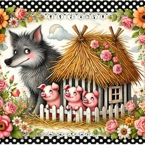 Die drei kleinen Schweinchen 10 hochauflösende JPGs in Aquarellfarben für Junk Journaling, Scrapbooking, Kartenherstellung, digitaler Download, Fantasie, wunderlich