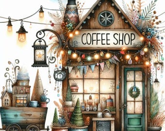 Coffee Shop: Clip Art, 10 High Res Watercolor JPGs, Junk Journaling, Scrapbooking, Card Making, Digital Art, Fantasy, Whimsical