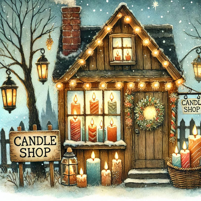 May include: A quaint wooden candle shop with a sign that reads "CANDLE SHOP". The shop is decorated with twinkling lights and a festive wreath on the door. There are candles of various colors and sizes displayed in the window.