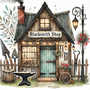 Puede incluir: Una tienda de herrería rústica y pintoresca con un letrero de madera que dice "Blacksmith Shop". La tienda tiene una puerta grande azul y ventanas con vista al interior. Hay herramientas colgadas en la pared y un pequeño yunque frente a la tienda.