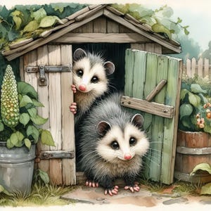 Zarigüeyas que miran fijamente: 10 archivos JPG de acuarela de alta resolución. Diario basura, scrapbooking, creación de tarjetas, descarga digital, fantasía, caprichoso, peculiar.