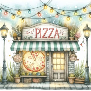 May include: A watercolor illustration of a small pizza shop with a green awning and a sign that says "Pizza". The shop has a large window with a pizza inside and a door with a sign that says "Shop". There are lights strung above the shop and snow falling.