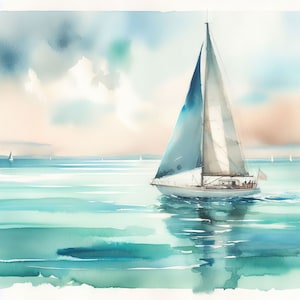 May include: A white sailboat with a blue sail is sailing on a calm, turquoise ocean. The sky is a light blue with white clouds.
