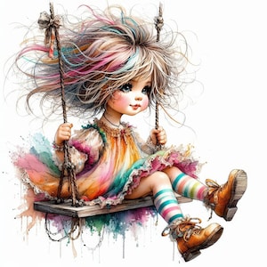 May include: A whimsical illustration of a young child on a swing. The child has flowing blonde hair with streaks of pink, blue, and yellow. The child wears a colorful dress, striped socks, and brown boots. The swing is made of wood and rope.
