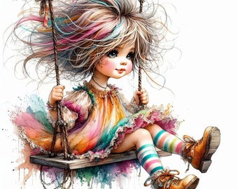 Girl on Swing: Clip Art 10 High Res Watercolor JPGs for Junk Journaling, Scrapbook, Crafts, Digital Art, Childhood, Fun