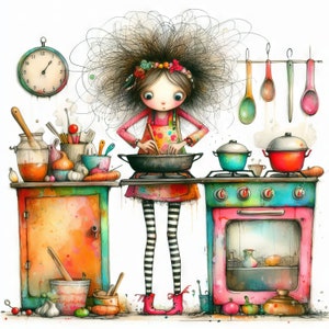 Quirky Cooking Clip Art 10 JPGs de aquarela de alta resolução para diário de lixo, scrapbooking, criação de cartões, kit de download digital, fantasia, caprichoso