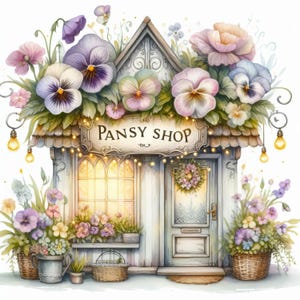 Pansy Shop 10 wysokiej rozdzielczości akwarelowych JPG Junk Journaling, Scrapbooking, Tworzenie kartek, Zestaw do pobierania cyfrowego, Fantazja, Kapryśny