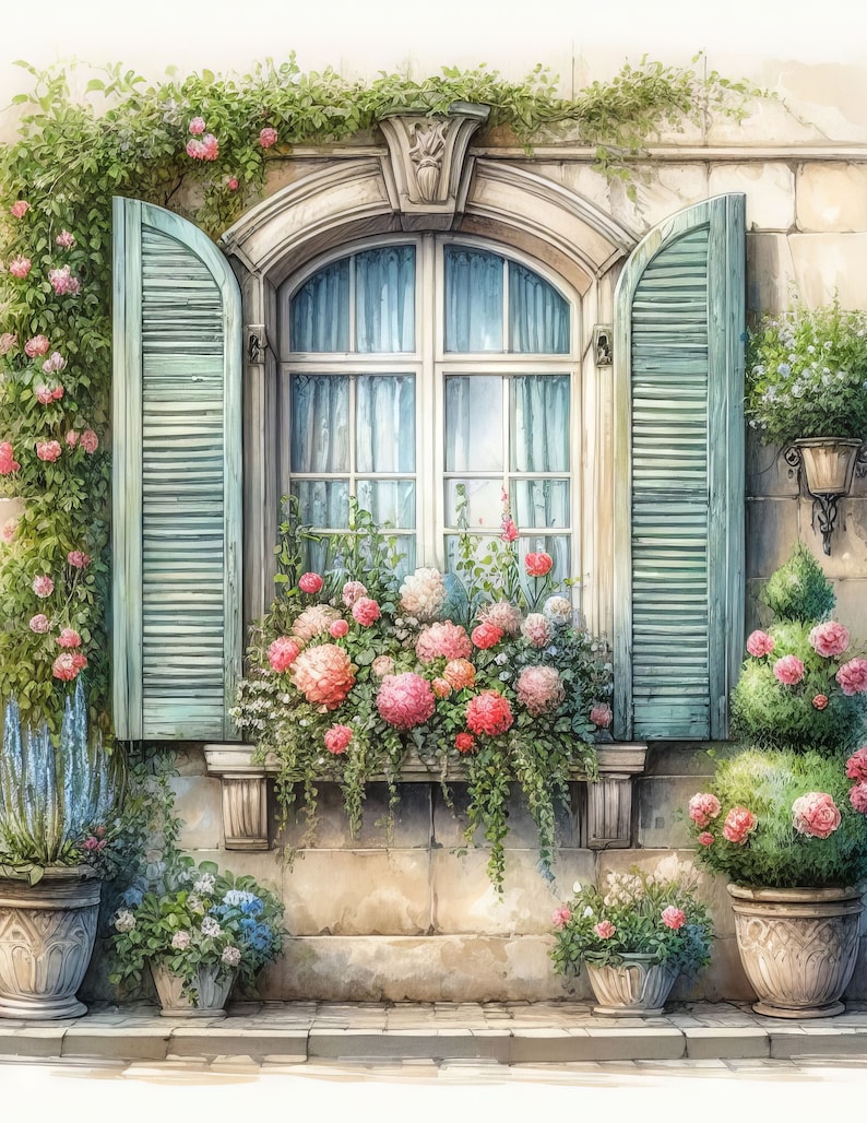 Window Box Flower Drawing Window With Flower Box: Clip Art, 10 High Res Watercolor Jpgs, Junk ...