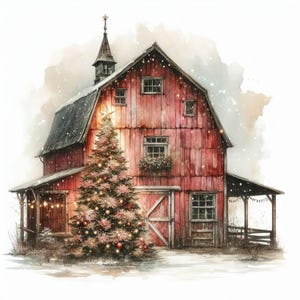 Vintage Red Barn Christmas-illustraties 10 high-res aquarel JPGs ongewenste journaling, scrapbooking, kaarten maken, digitale download