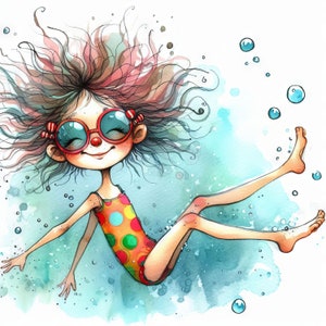 Quirky Swimming Clip Art 10 High Res Watercolor JPGs for Junk Journaling, Scrapbooking, Card Making, Digital Download, Fantasy, Whimsical